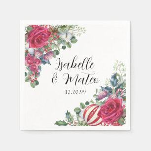 Serviette En Papier Élégant Mariage de Noël Floral Rose Rouge