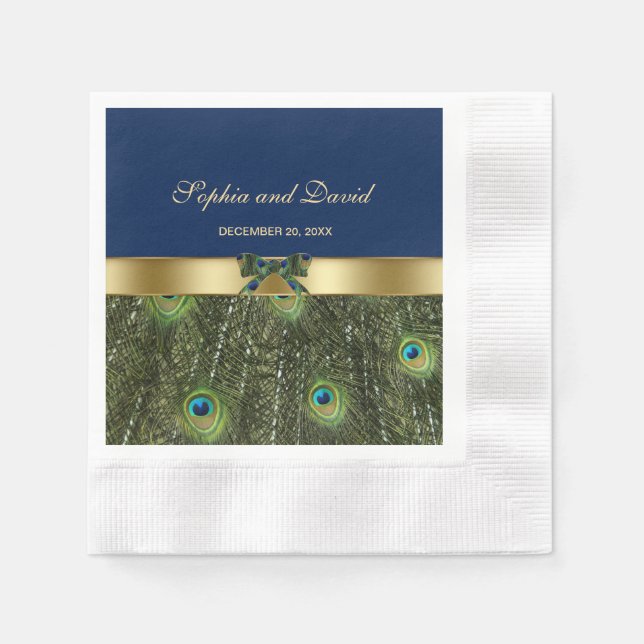 Serviette En Papier Elégant Mariage de Peacock Bleu Marine Gold (Devant)