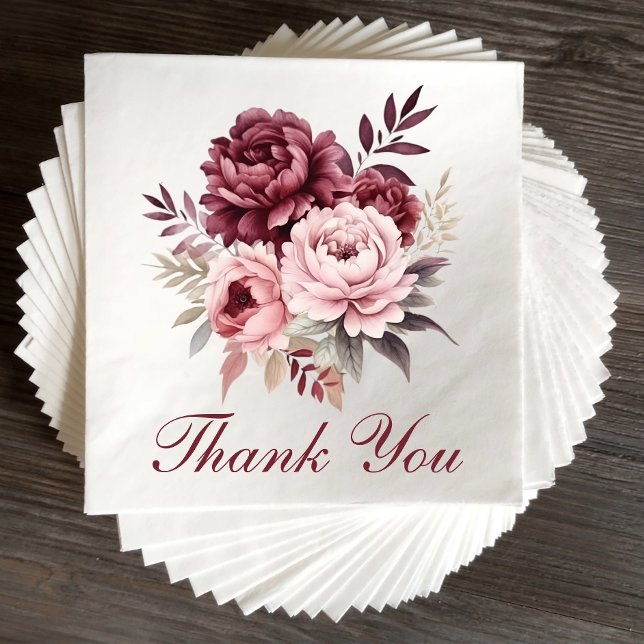 Serviette En Papier Élégant Mariage de pivoine d'aquarelle bordeaux fl (Créateur téléchargé)