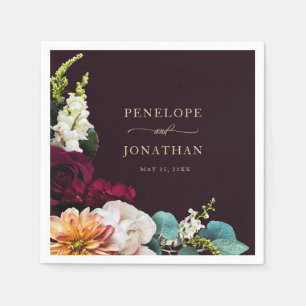 Serviette En Papier Élégant Mariage de script or floral d'automne de B