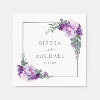 Serviette En Papier Élégant Mariage d'Eucalyptus Floral Purple & Argen