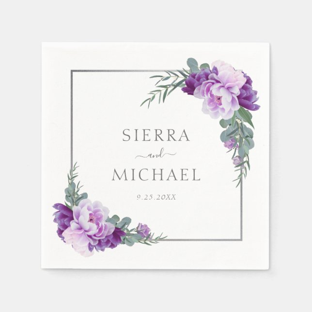 Serviette En Papier Élégant Mariage d'Eucalyptus Floral Purple & Argen (Devant)
