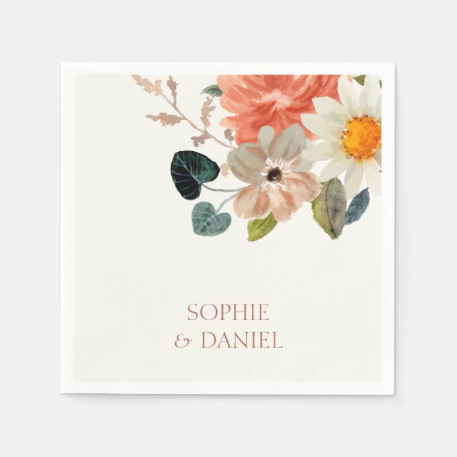 Serviette En Papier Élégant Mariage d'initiaux en deux aquarelles flor (Devant)