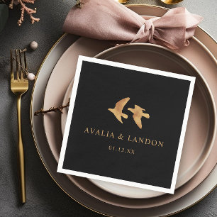 Serviette En Papier Elégant Mariage d'Oiseaux d'Or