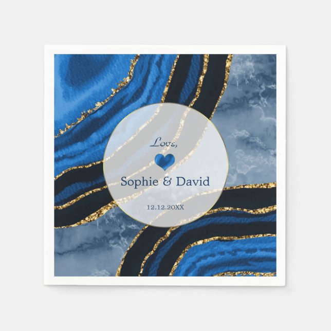 Serviette En Papier Élégant Mariage en marbre or marbré bleu marine (Devant)