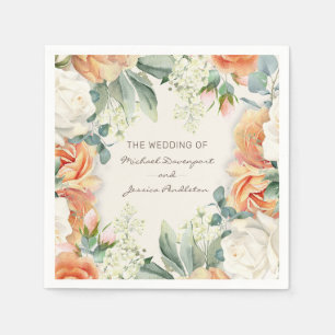 Serviette En Papier Élégant Mariage Fleur de Pêche Crème Eucalyptus Fl