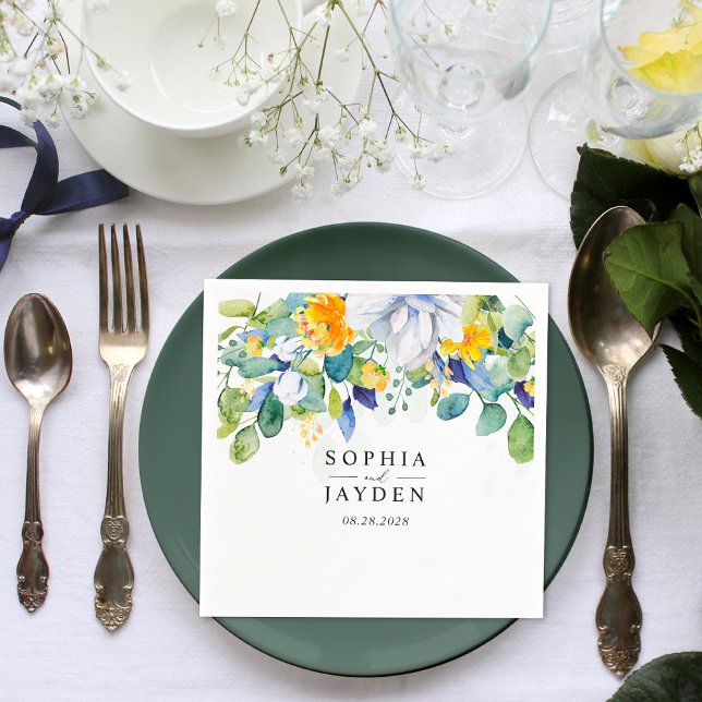 Serviette En Papier Élégant mariage fleuri jaune blanc (Créateur téléchargé)