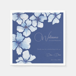 Serviette En Papier Elégant Mariage Fleurs Bleues Accueil