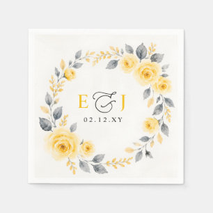 Serviette En Papier Élégant mariage floral aquarelle jaune gris