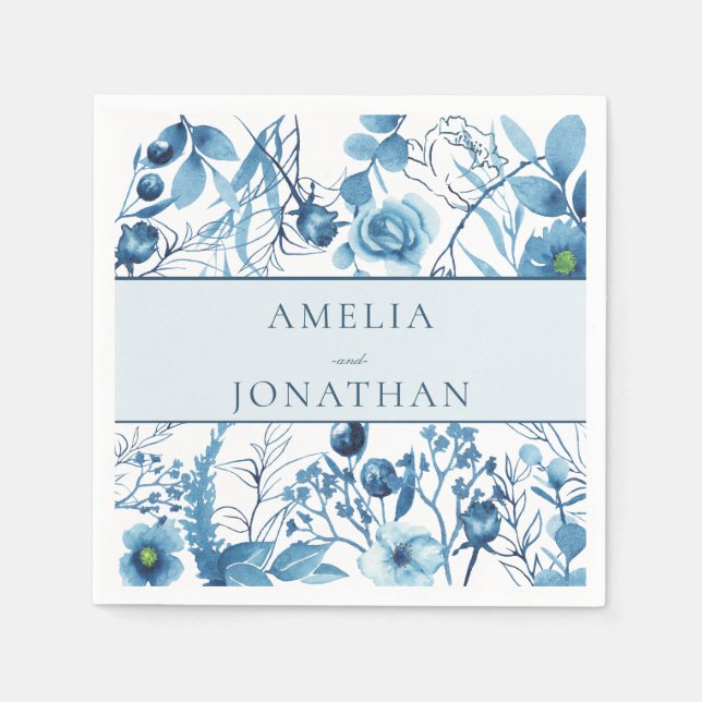Serviette En Papier Élégant Mariage floral bleu (Devant)
