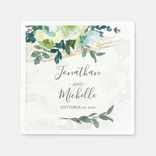 Serviette En Papier Élégant Mariage floral bleu ivoire turquoise