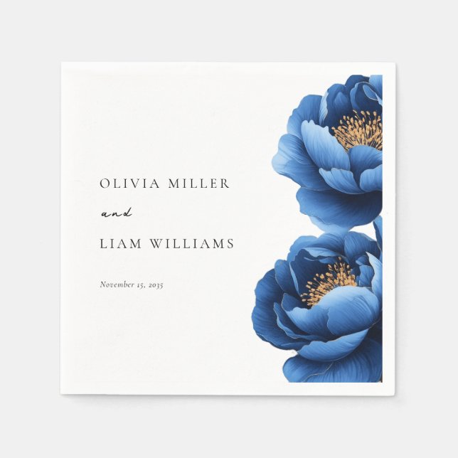 Serviette En Papier Elégant Mariage floral bleu marine (Devant)