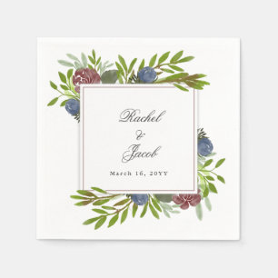 Serviette En Papier Élégant mariage floral bleu marine bordeaux