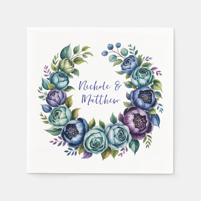 Serviette En Papier Élégant Mariage Floral bleu turquoise (Devant)