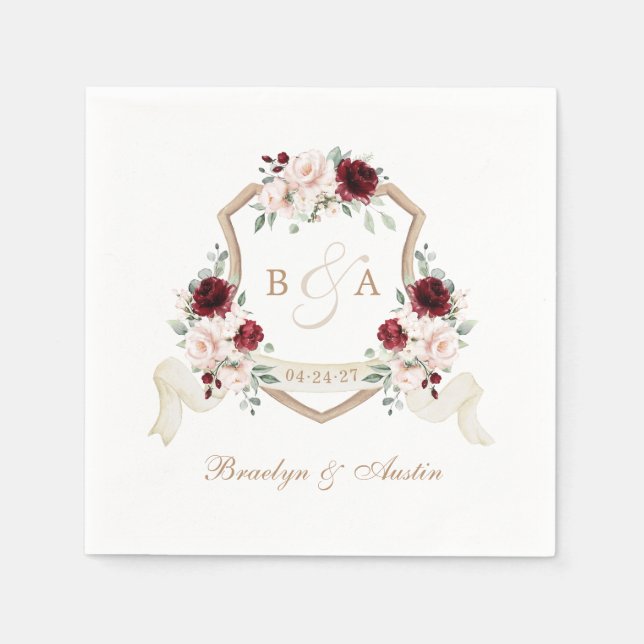 Serviette En Papier Élégant Mariage Floral Blush Bourgogne (Devant)
