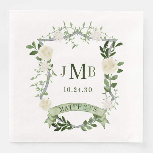 Serviette En Papier Élégant Mariage Floral Crest (Devant)