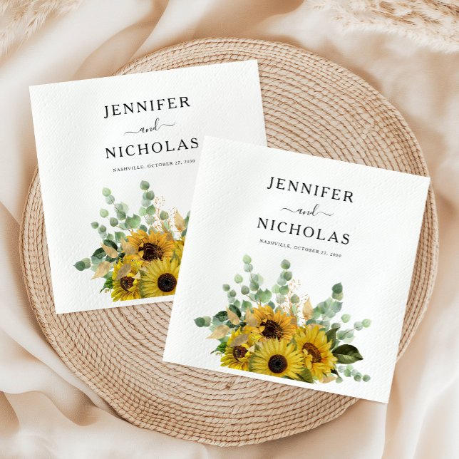 Serviette En Papier Élégant Mariage floral de tournesol Eucalyptus (Elegant Floral Sunflower Eucalyptus Wedding Napkins)