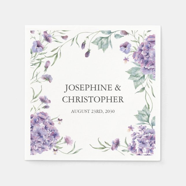 Serviette En Papier Élégant Mariage floral d'Hydrangée violette (Devant)