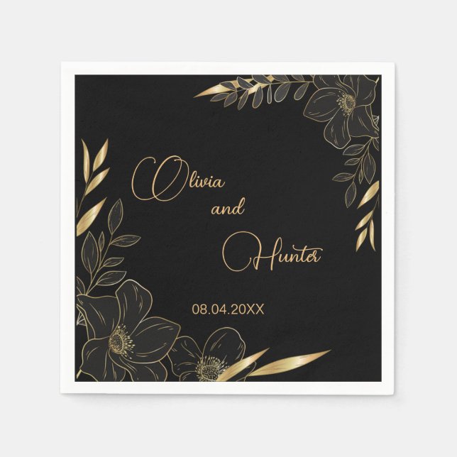 Serviette En Papier Élégant mariage floral noir et or moderne (Devant)