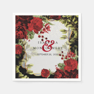 Serviette En Papier Élégant Mariage floral noir et rouge