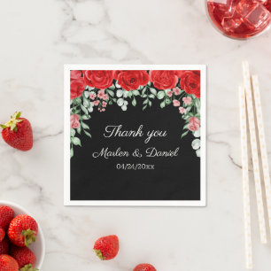 Serviette En Papier Élégant Mariage Floral Noir Et Rouge
