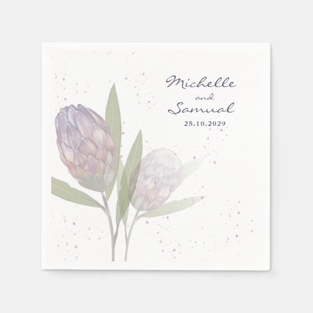 Serviette En Papier Élégant Mariage floral Protea violet beige (Devant)
