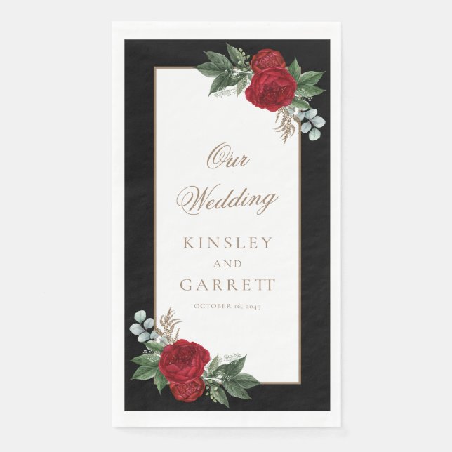 Serviette En Papier Élégant Mariage Floral Rouge Noir & Or (Devant)