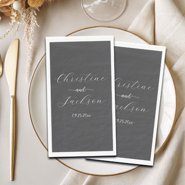 Serviette En Papier Élégant Mariage Gris Foncé Script (Créateur téléchargé)