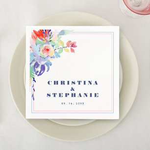 Serviette En Papier Élégant Mariage LGBTQ Floral Arc-en-ciel