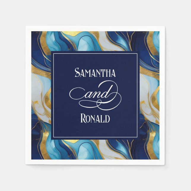 Serviette En Papier Elégant Mariage marbré Faux Gold, Bleu et Blanc (Devant)