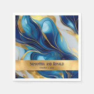 Serviette En Papier Elégant Mariage marbré Faux Gold, Bleu et Blanc