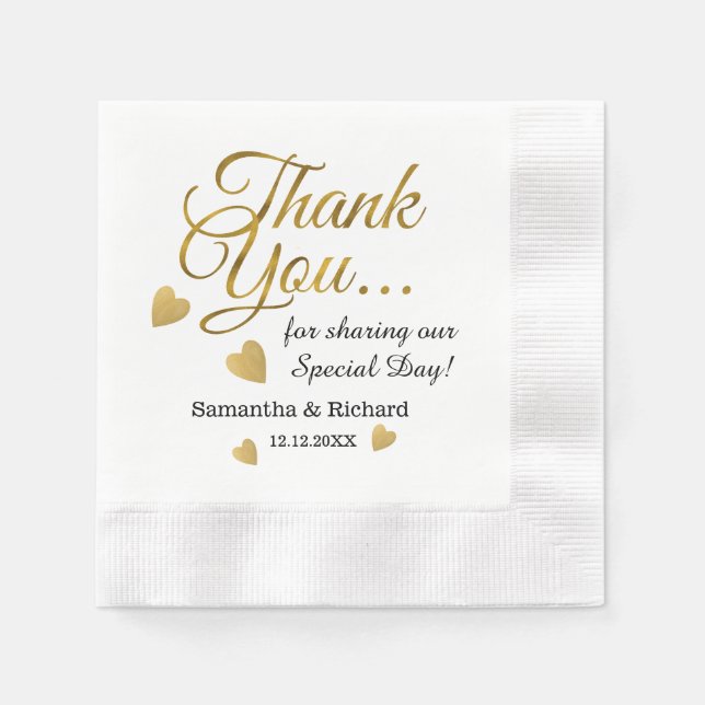 Serviette En Papier Élégant Mariage Merci or (Devant)