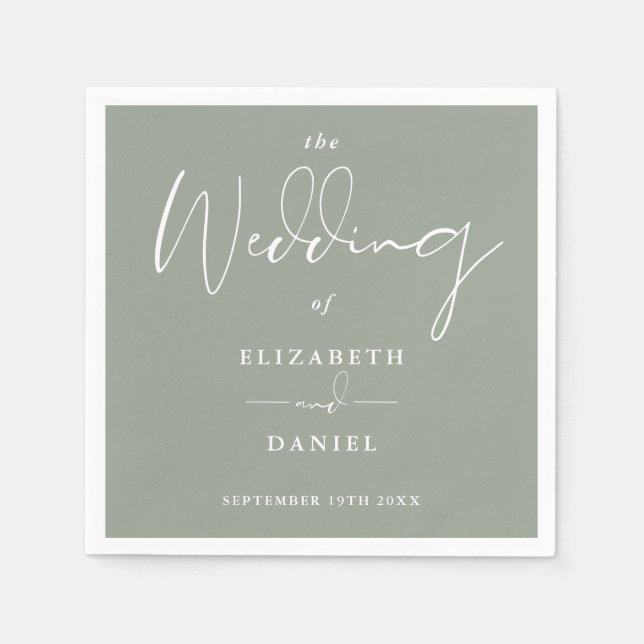 Serviette En Papier Élégant Mariage moderne Sage de Script Vert (Devant)
