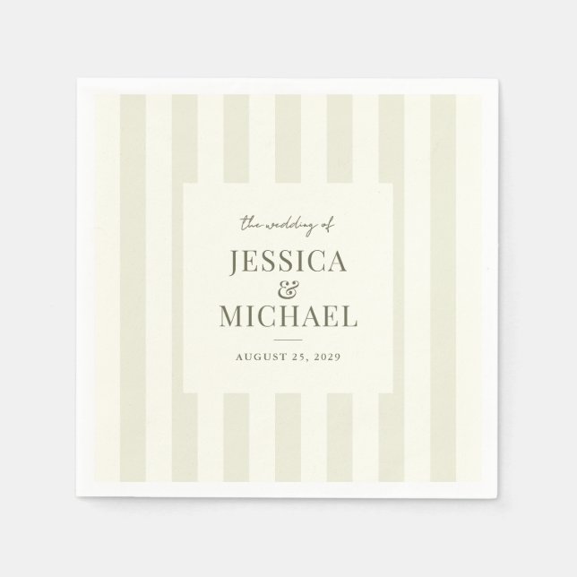 Serviette En Papier Élégant Mariage moderne vert olive rayé (Devant)