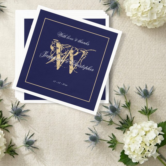 Serviette En Papier Élégant Mariage Navy Blanc Script & Monogramme Or (Gorgeous! Perfect in the right setting.)