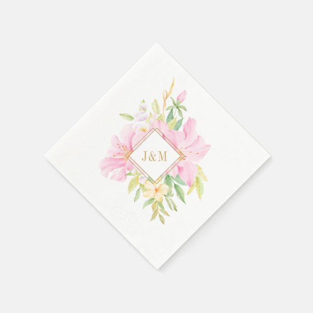 Serviette En Papier Élégant Mariage rose d'aquarelle Floral Monogram (Coin)