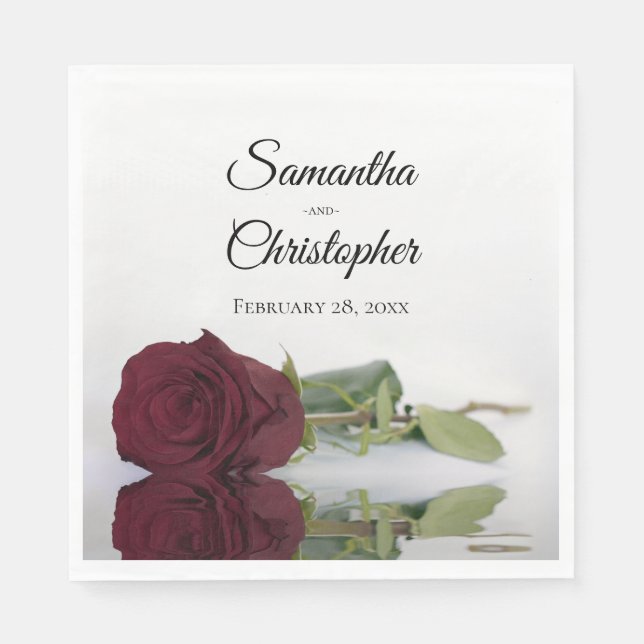 Serviette En Papier Élégant Mariage Rose de Bourgogne à longue tige (Devant)