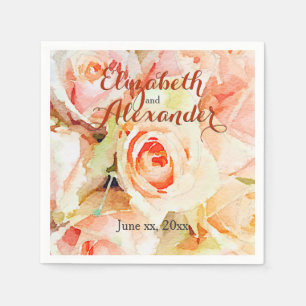 Serviette En Papier Élégant Mariage Rose de pêche aquarelle