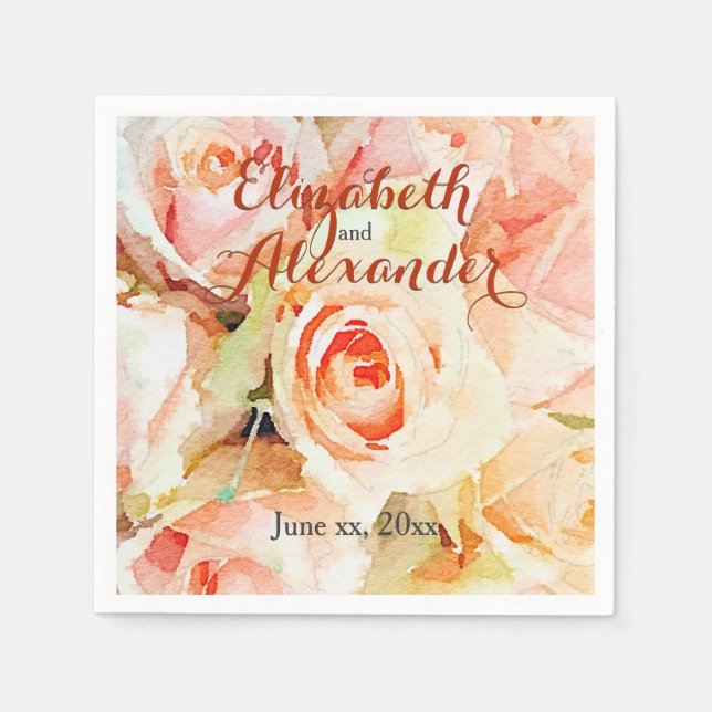 Serviette En Papier Élégant Mariage Rose de pêche aquarelle (Devant)