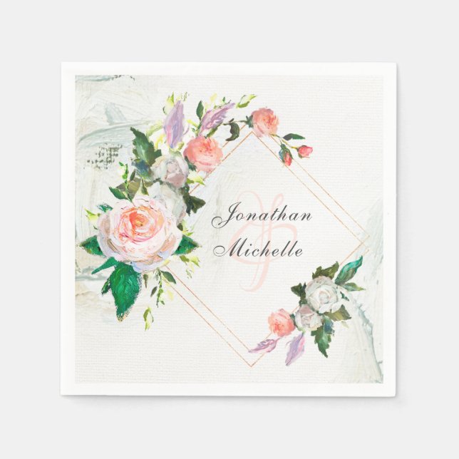 Serviette En Papier Élégant Mariage Rose Peinture à l'huile blanche et (Devant)