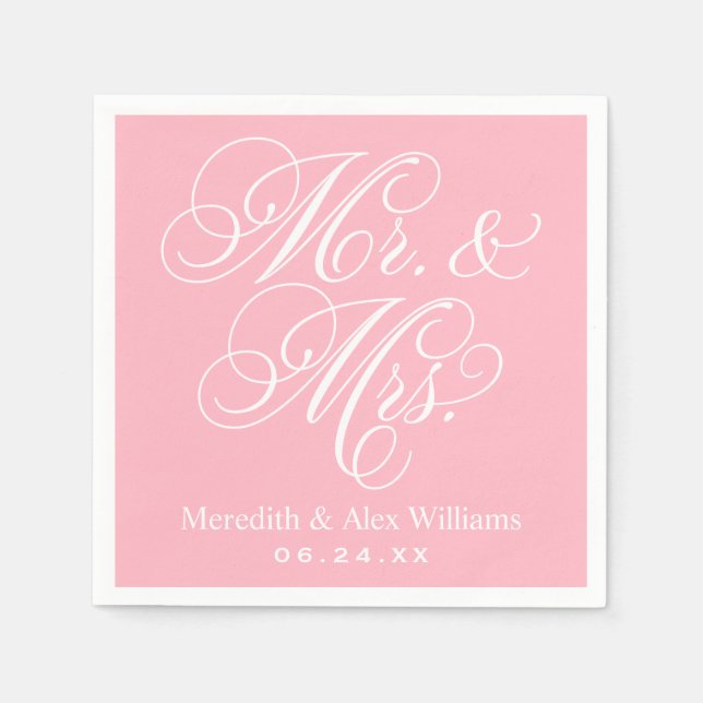 Serviette En Papier Élégant Mariage Script Rose Mr et Mrs (Devant)
