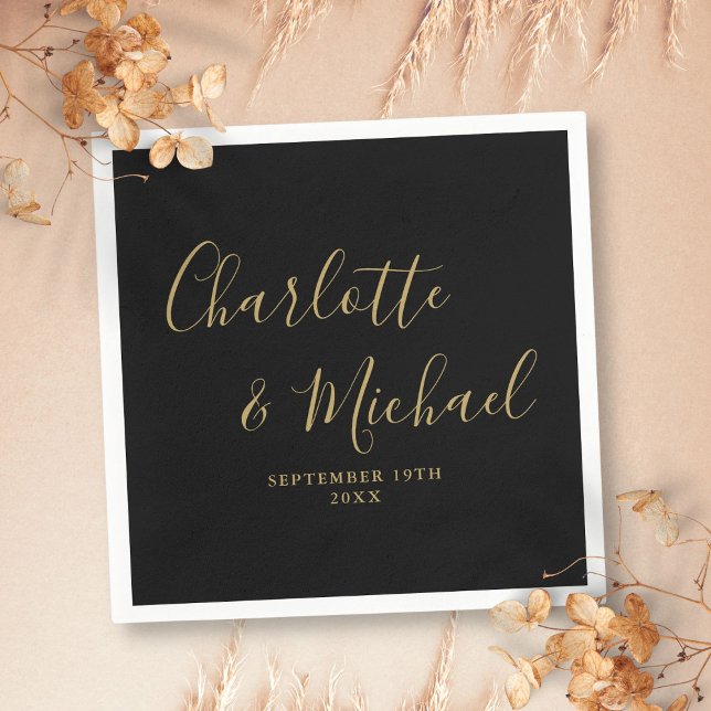 Serviette En Papier Élégant Mariage Signature Noir Et Or (Elegant Black And Gold Signature Wedding Napkins)