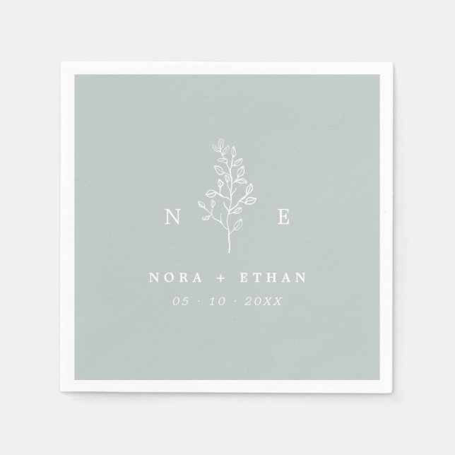 Serviette En Papier Élégant Mariage vert feuille de monogramme (Devant)