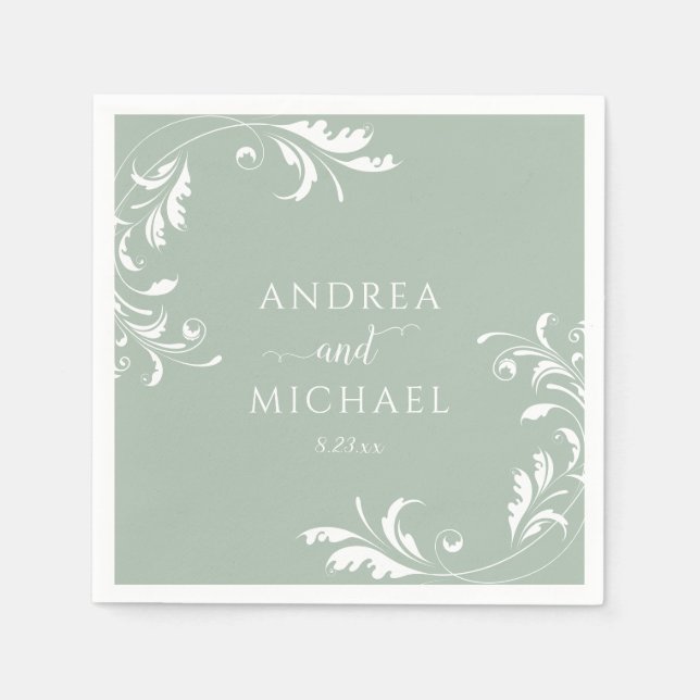 Serviette En Papier Élégant Mariage Vert Sauge (Devant)