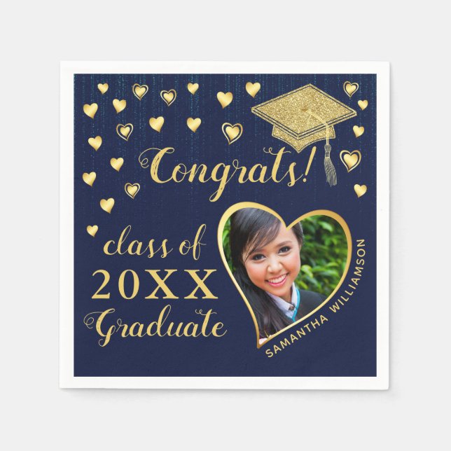 Serviette En Papier Elégant Marine Blue and Gold 2025 Graduation (Devant)