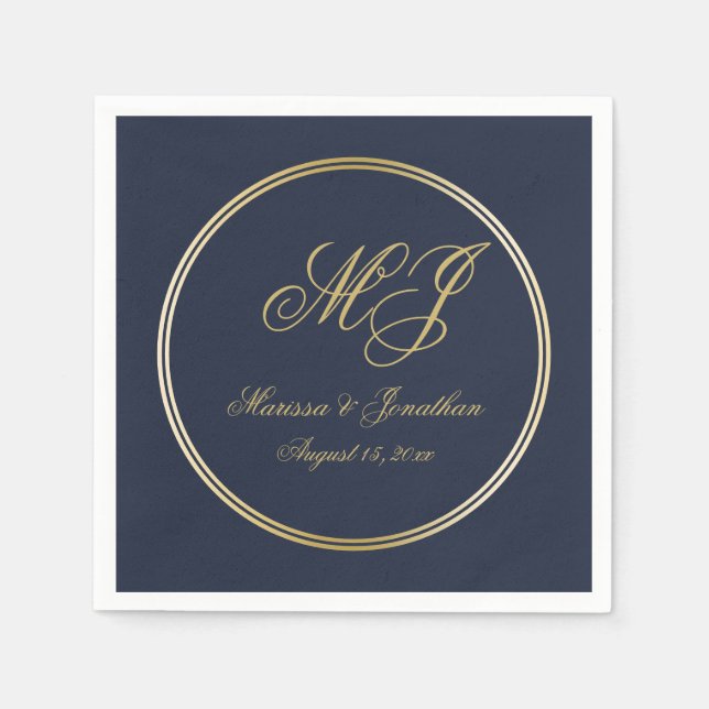 Serviette En Papier Élégant Marine Blue Gold Monogramme Mariage de scr (Devant)
