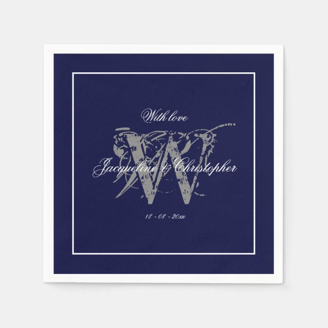 Serviette En Papier Élégant Marine Blue Monogram Noms Mariage classiqu (Devant)