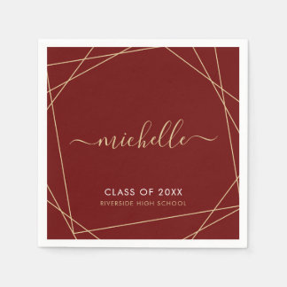 Serviette En Papier Élégant Maroon Gold Graduation Nom géométrique
