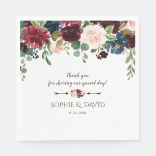 Serviette En Papier Elégant Merlot Navy Blue Floral Mariage