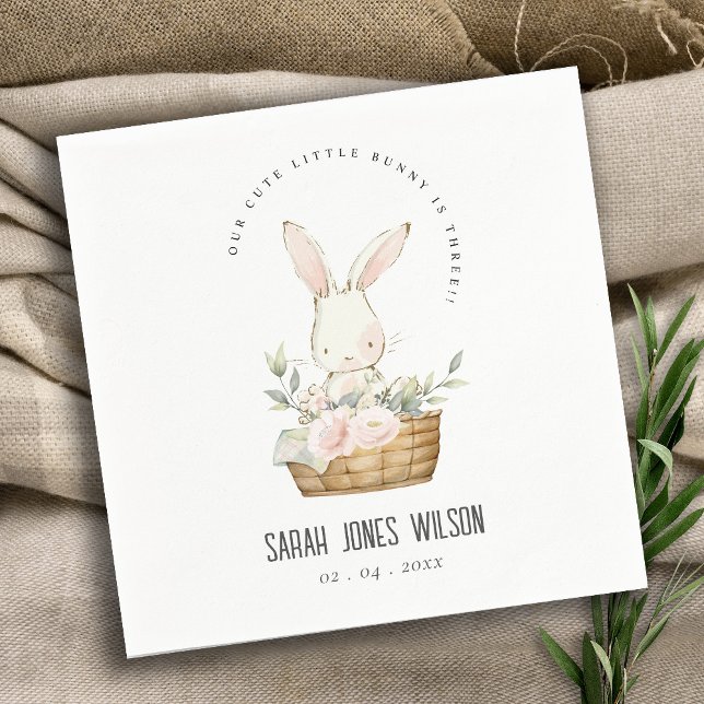 Serviette En Papier Élégant Mignonne Lapin En Panier Floral Anniversai (Créateur téléchargé)